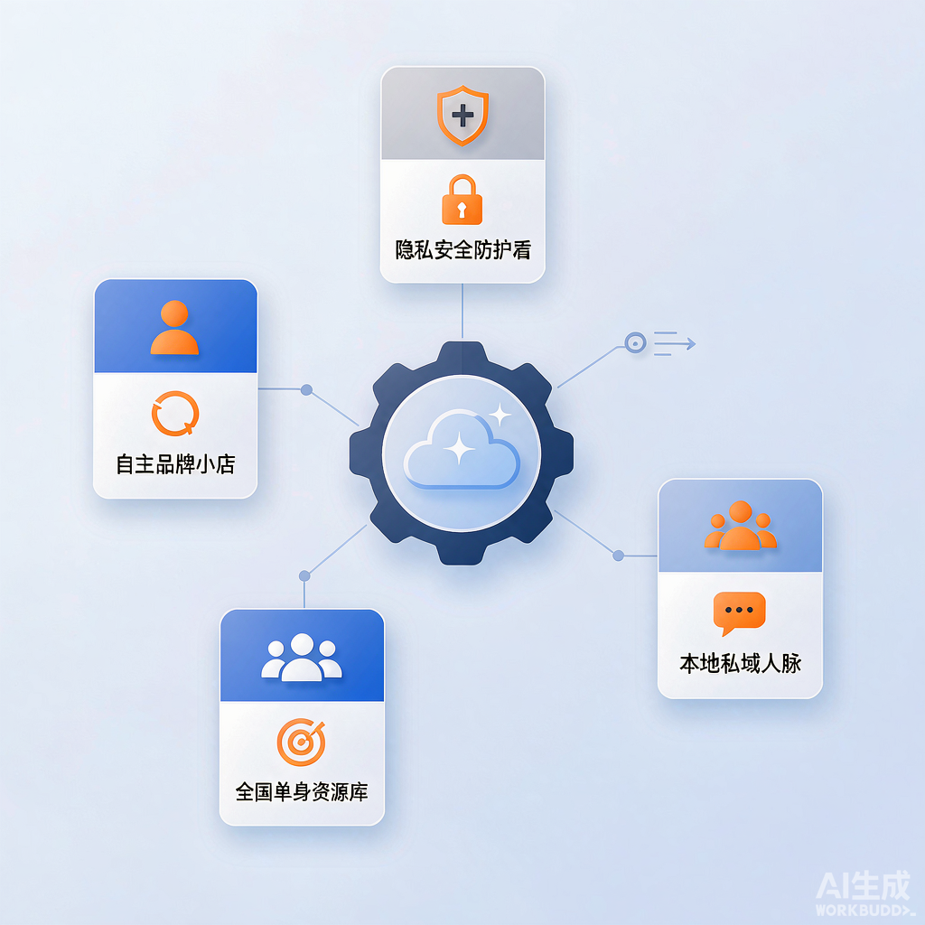 插图2：数字化加盟模式结构图——婚恋SaaS系统连接自主品牌小店、全国资源库、本地私域与隐私防护